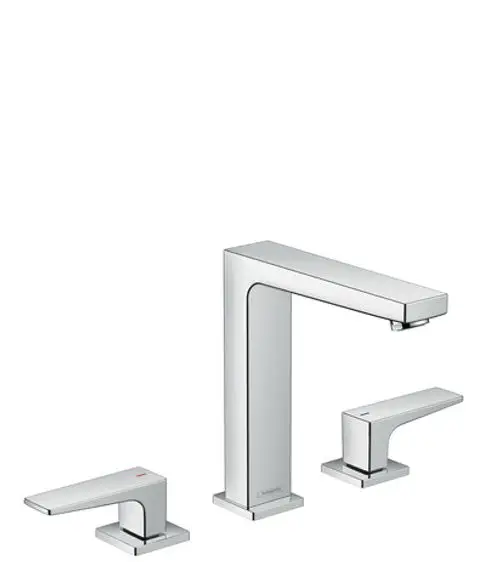 Waschtischarmatur von Hansgrohe mit drei Komponenten: ein eckiger Wasserhahn und zwei Hebelgriffe für Temperatur- und Mengenregulierung, abgeschlossen mit einer Push-Open Ablaufgarnitur.